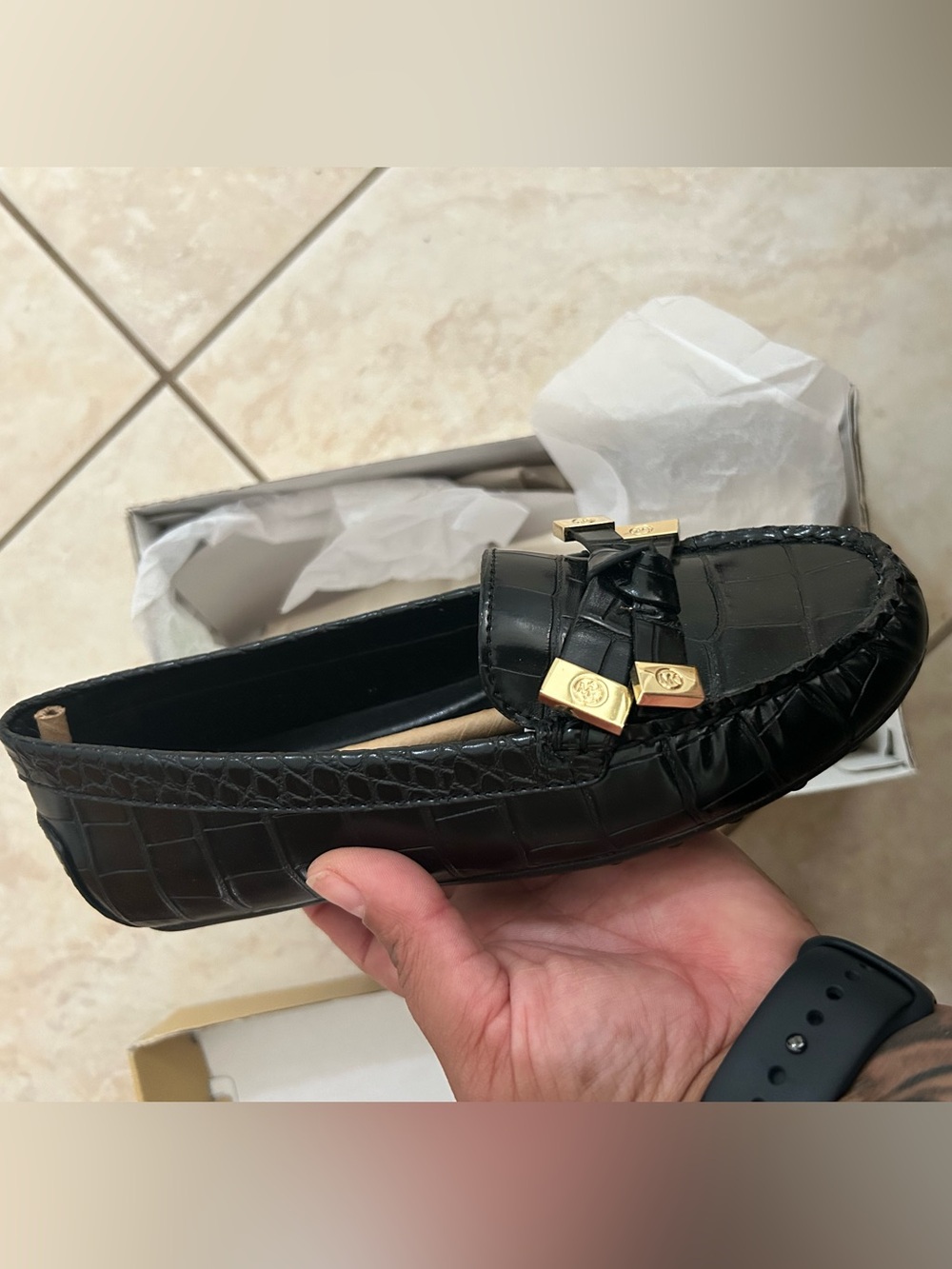 Women’s Black Croc-Embossed Leather Loafers